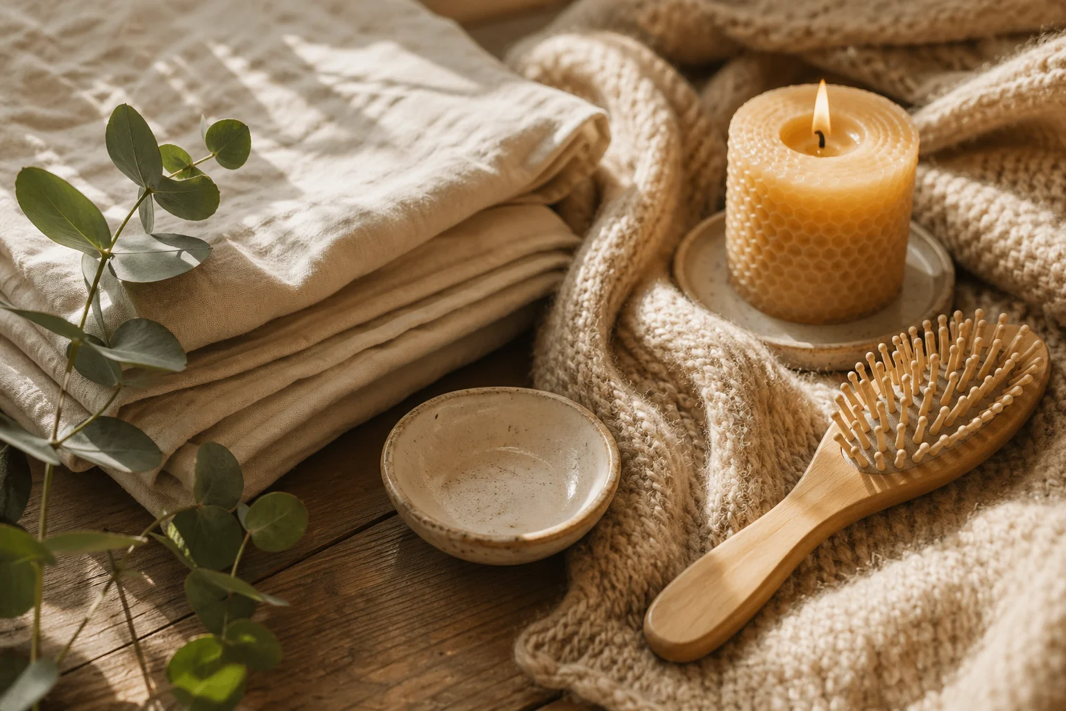 Detail přírodních materiálů v ložnici — složené lněné povlečení, vlněný pléd, keramická miska, dřevěný kartáč a větev eukalyptu